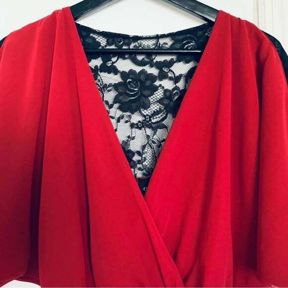 ASOS Deep Red & Black Lace Fit & Flare V-Neck Christmas Party Dress | Size: 6/S - Picture 3 of 11